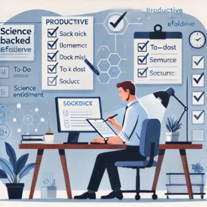 A person working efficiently at a clean desk with a computer, notepad, and a cup of coffee, surrounded by motivational elements like a to-do list and plants.