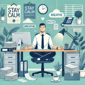 A calm person meditating at a desk in a busy office, surrounded by paperwork, a computer, and a ringing phone, with relaxing elements like plants and soft lighting in the background.